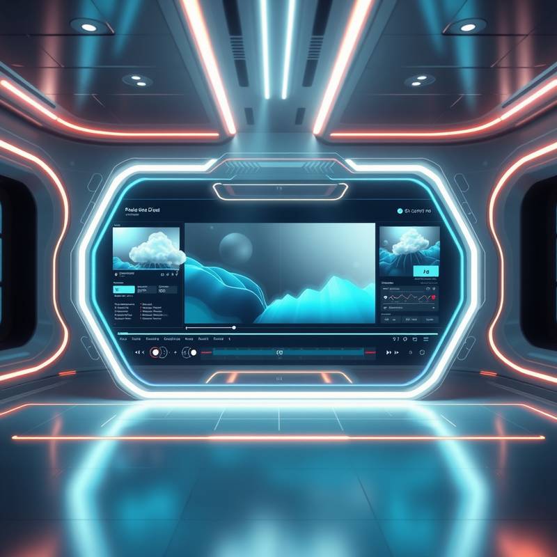 Abstrakte Darstellung der Zukunft des Videoschnitts mit künstlicher Intelligenz und Cloud-Technologien.