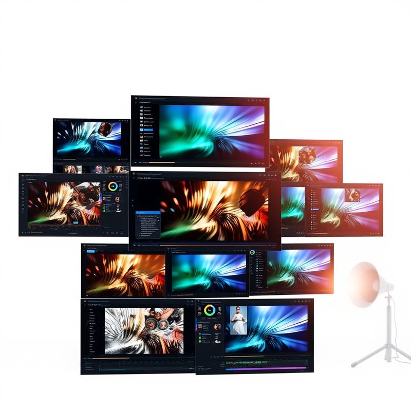 Collage von verschiedenen Videoschnitt-Softwareoberflächen mit Workflow-Symbolen.